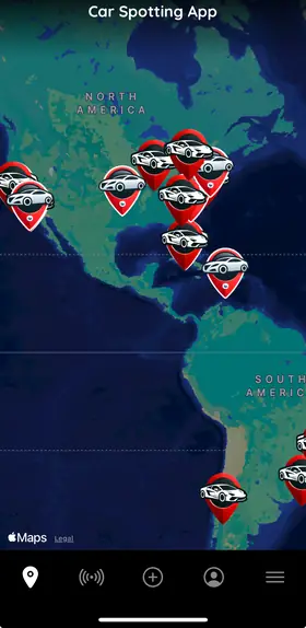Car Spotting app showing spotted supercars as pins on a live map
